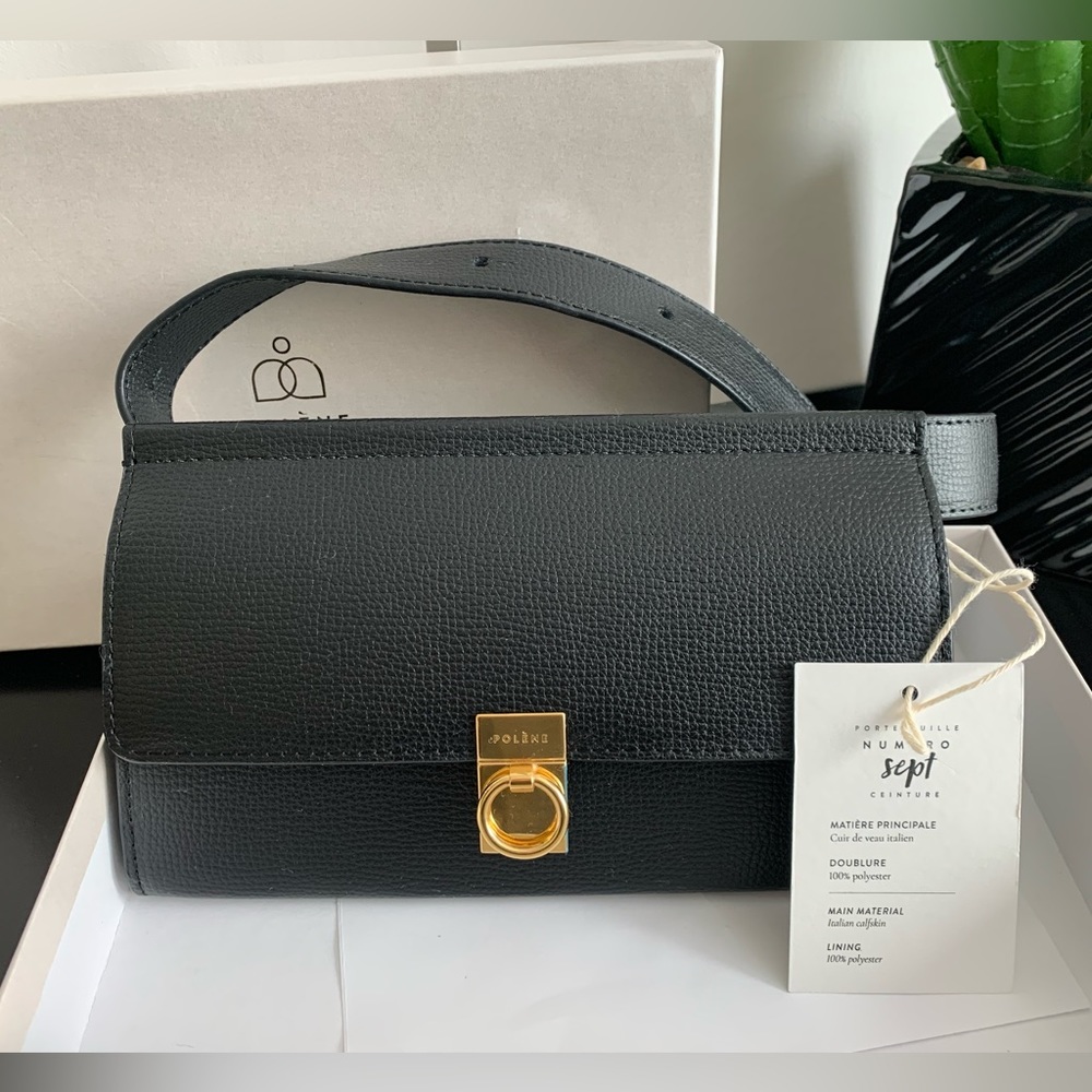 Polene Numero Sept Belt Black Textured Leather Bag wear around waist/ crossbody